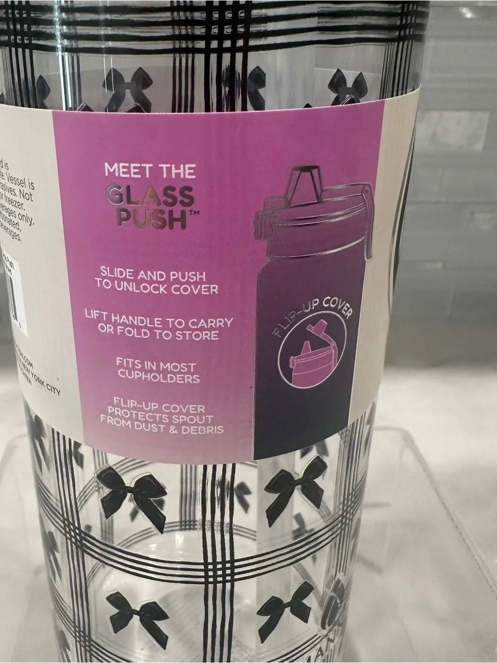 Glass Push 32 oz Reusable Leak-Proof Glass Water Bottle - Black Bow Pattern